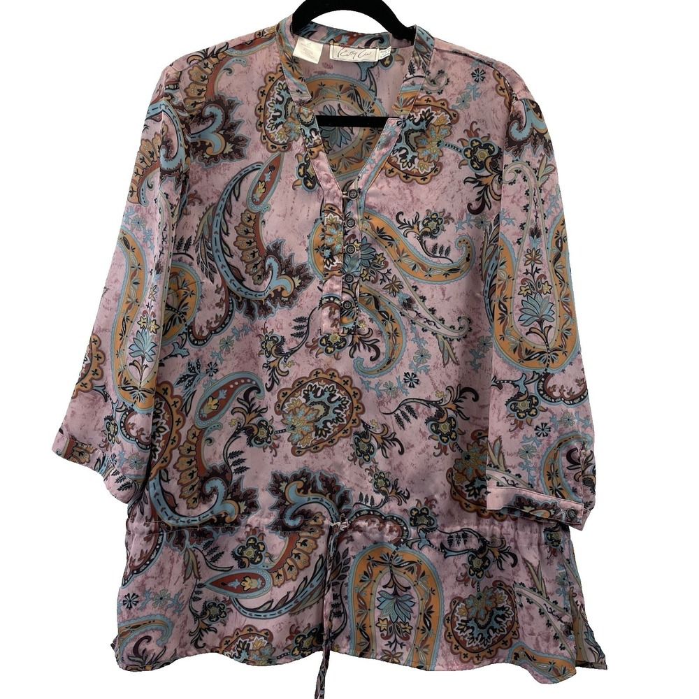 Cathy Che Paisley Blouse Womens 16 Pink 3/4 Sleeve Drawstring Waist Boho Top